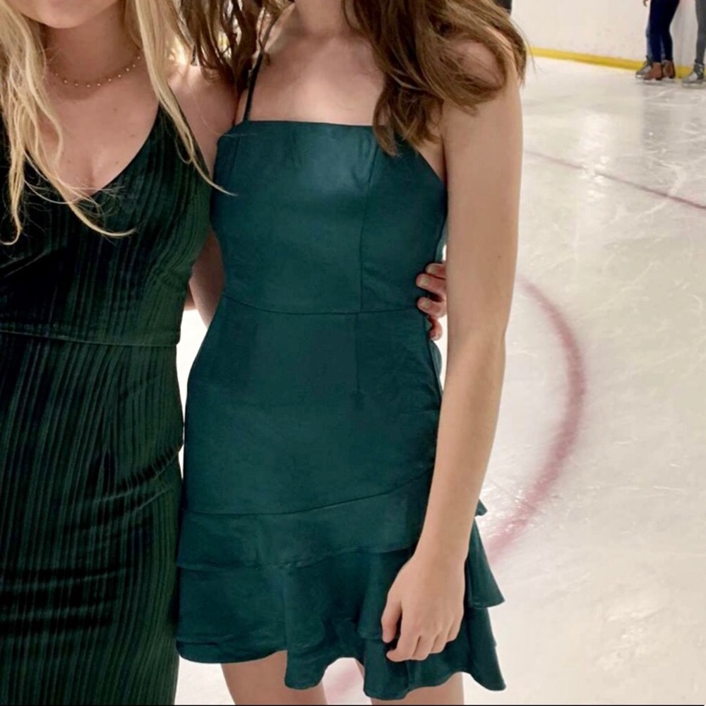 Dark green/teal ruffle dress from Lulu’s